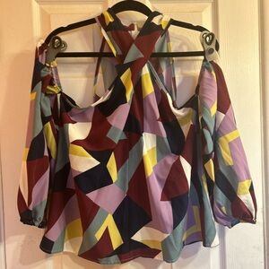 Cold shoulder geometrical patterned multicolored blouse with keyhole neck